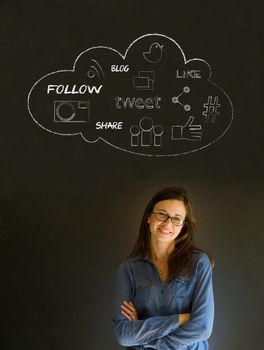 Businesswoman, student or teacher social media chalk concept blackboard background