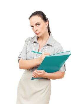 A business woman with a turquoise folder and a pencil