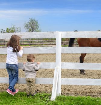 Pre-teen girl and Baby boy on the a white picket fence beside the horse