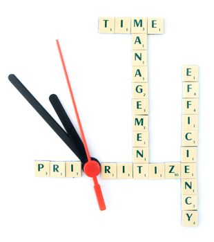 Word solution with time management, prioritize and efficiency as keywords, with clock hands 