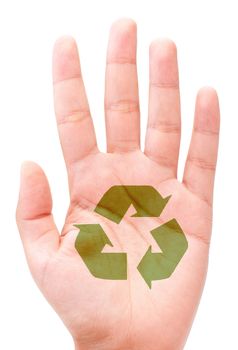 Recycling symbol printed on the palm of a hand