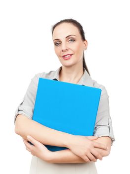 An image of a business woman with a blue folder