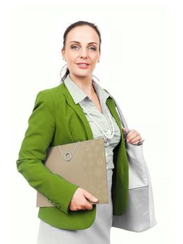 A business woman with a handbag and a folder