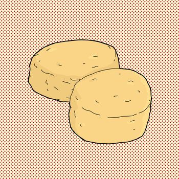 Two corn bread muffins on red halftone background