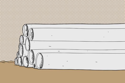 Cartoon with stack of pipes on desert ground