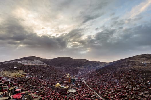 Lharong Monastery and the Monk houseson surrounded in Sertar, Tibet.  Lharong Monastery is a Tibetan Buddhist Institute at an elevation of about 4000 meters.