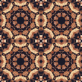 Abstract artistic background, seamless handmade floral ornament, intarsia from the back side of a birch bark on black fabric