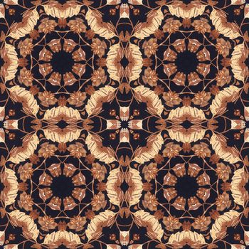 Abstract artistic background, seamless handmade floral ornament, intarsia from the back side of a birch bark on black fabric