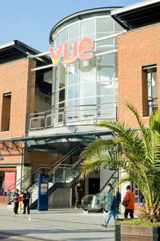 Portsmouth, UK - February 1, 2012: Exterior of the Vue cinema, part of the popular Gunwharf Quays shopping mall and entertainment complex in Portsmouth, UK
