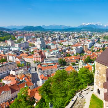 Panorama of the Slovenian capital Ljubljana. Alps mountains in the background.