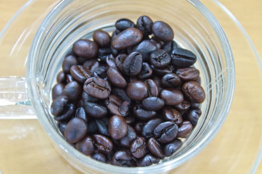 coffee beans in cup on the wood table