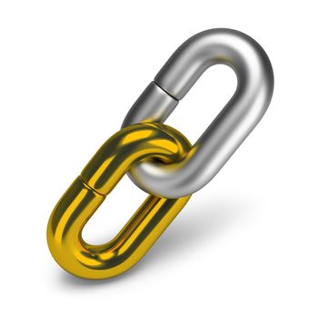 Two chain link, gold and steel. 3d image. White background.