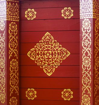 detail of thai pattern that made by covered wood plate with gold leaf for decorated temple door or pillar,shallow focus
