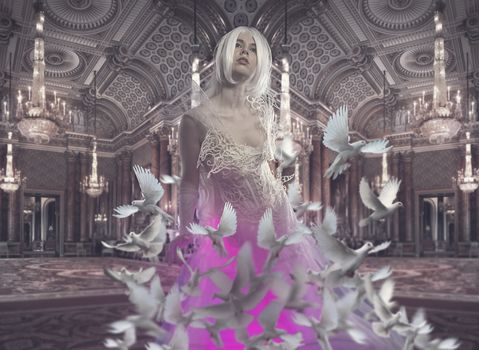 Lady in a luxury palace indoor, fineart photography, white pigeons