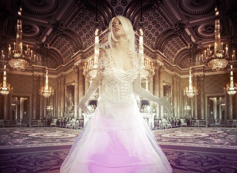 Lady in a luxury palace indoor, fineart photography, white pigeons