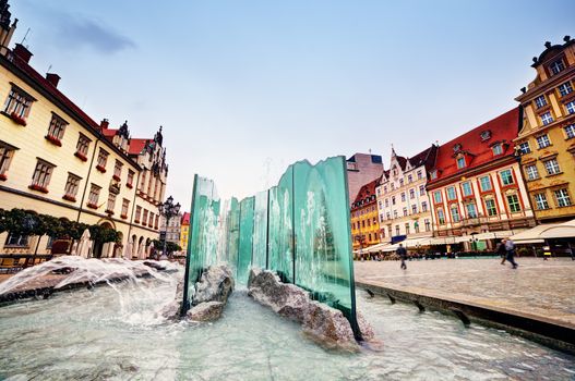 Wroclaw, Poland. The market square with the famous fountain and colorful historical buildings. Silesia region.