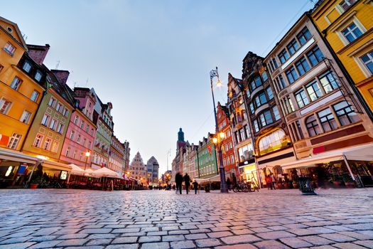 Wroclaw, Poland. The market square with colorful historical buildings at the evening. Silesia region.