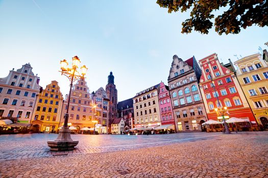 Wroclaw, Poland. The market square with colorful historical buildings at the evening. Silesia region.