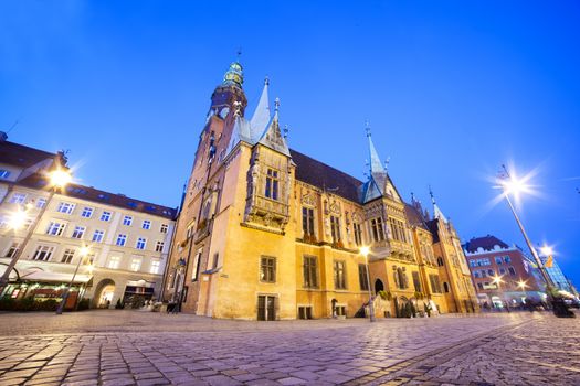 Wroclaw, Poland. The historical Town Hall on market square at night. Silesia region.