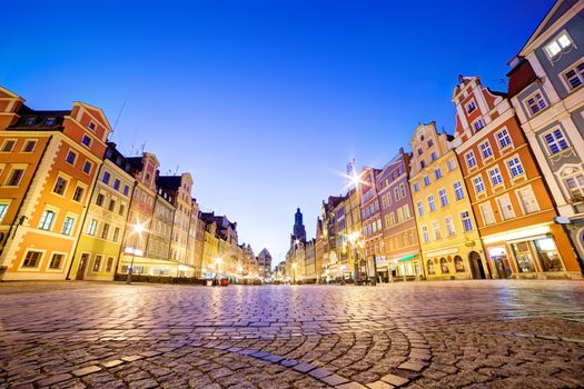 Wroclaw, Poland. The market square at night and St. Elizabeth's Church. Silesia region.