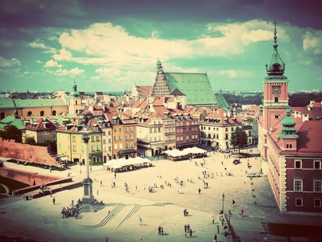 Old town in Warsaw, Poland. The Royal Castle and Sigismund's Column called Kolumna Zygmunta. Vintage, retro style