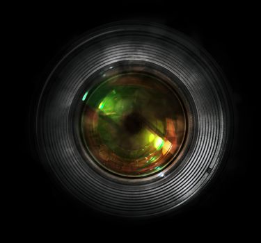 DSLR camera lens, front view, black background.