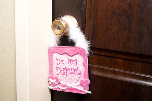 Brown door with a pink Do Not Disturb sign on
