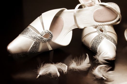 Light Colored wedding shoes amongst beaded feathers