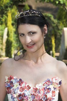 Beautiful Brunette bride with a beaded tiara