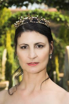 Beautiful Brunette bride with a beaded tiara