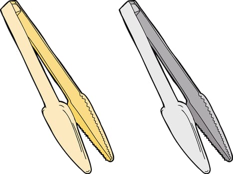 Plastic and stainless steel tongs on white background