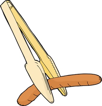 Plastic tongs holding hot dog on white background