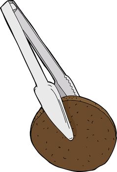 Isolated cartoon of metal tongs holding burger