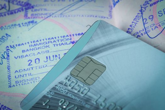 Passport stamp visa of Japan and credit card for travel concept