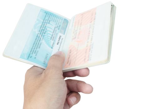 Thailand Passport visa and hand on white background