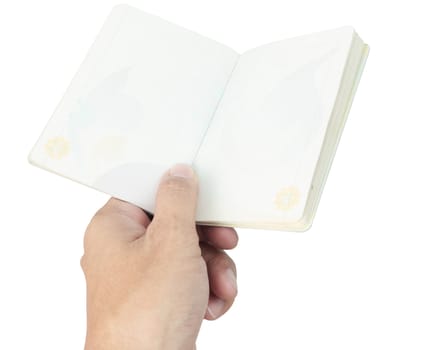 Thailand Passport blank and hand on white background