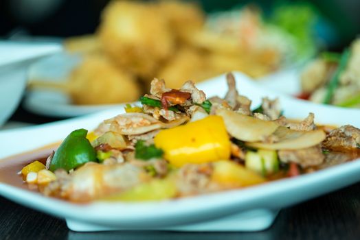 fried pork with sweet peppers, Thai food