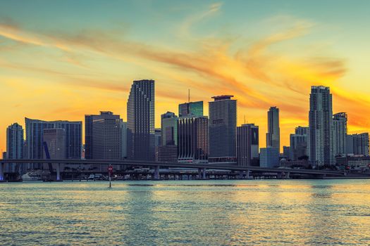 CIty of Miami Florida, business and residential buildings at sunset