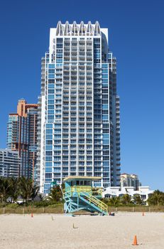 Miami Beach in Florida with luxury apartments and lifeguard tower