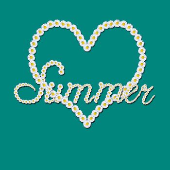 Summer cheerful  background, heart and text made with daisies on green background 