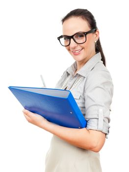 An image of a business woman with a blue folder