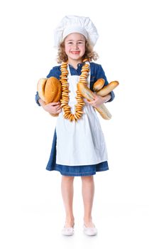 Little Cook With Bread and Bagels. Isolated on white background.
