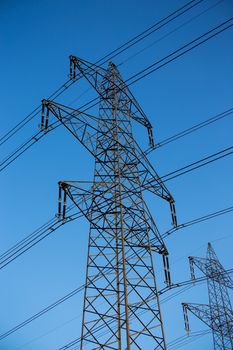 The powerlines with the blue clear sky