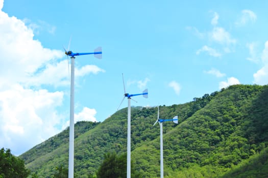 green meadow with Wind turbines generating electricity