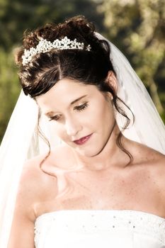 Beautiful brunette bride wearing a diamond tiara