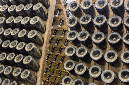 Collection sparkling wines aging in the rack in winery cellar