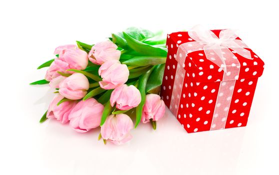 beautiful tulips with red polka-dot gift box. happy mothers day, romantic still life, fresh flowers