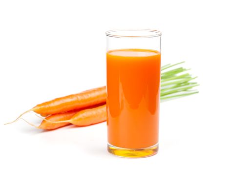 Carrot juice and fresh carrot, isolated on white background