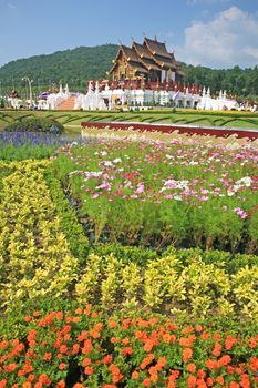 Traditional thai architecture in the Lanna style , Royal Pavilion (Ho Kum Luang) at Royal Flora Expo, Chiang Mai, Thailand