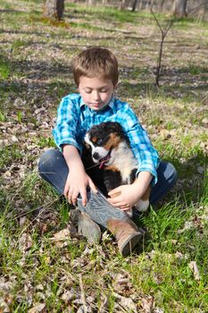 Young boy with his Bernese Mountain Dog puppy